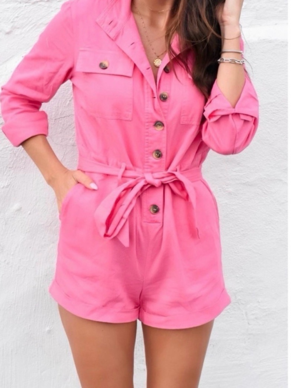 NWT Express x Rocky Barnes  Pink Utility Romper Long Sleeve Belted Size Medium
